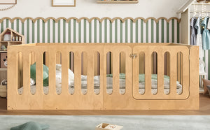 English Elm Twin Solid Pine Montessori Floor Bed with House Frame Door and Safety Fence Natural W5305P420633