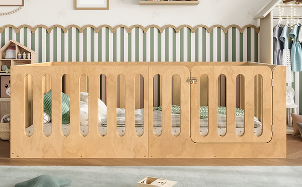English Elm Twin Solid Pine Montessori Floor Bed with House Frame Door and Safety Fence Natural W5305P420633
