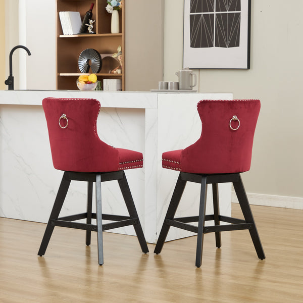 English Elm Swivel Velvet Barstools with Tufted Back Support, 360° Rotation, Foam & Spring Cushion, Sturdy Wooden Frame WINE RED W1143P369088
