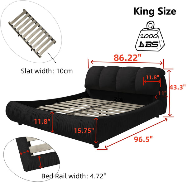 English Elm King Size Upholstered Platform Bed With Oversized Backrest, Solid Wood Frame & Easy Assembly – Black W1885S00025