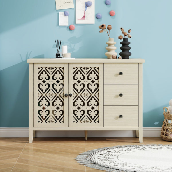 English Elm Hollowed-Out Cabinet With 2 Doors & 3 Drawers – Stylish American Furniture For Versatile Storage Solutions W688P223034