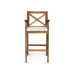 English Elm Christopher Knight Home® - PERLA Acacia Wood Outdoor Barstool Set of 2 with Water-Resistant Cushions, Cross-Back Farmhouse Charm Brown 63748.00CRM