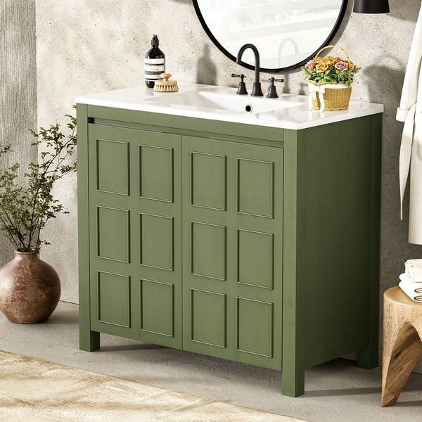 English Elm 36" Bathroom Vanity Organizer with Ceramic Sink, Solid Wood Distressed Finish, Hand-Painted Charm and Ample Storage Olive Green N729P255666F
