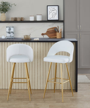 English Elm Fixed-height Metal Frame Barstools with Upholstered Seats and Geometric Footrest Set of 2 White+Gold B202S01942