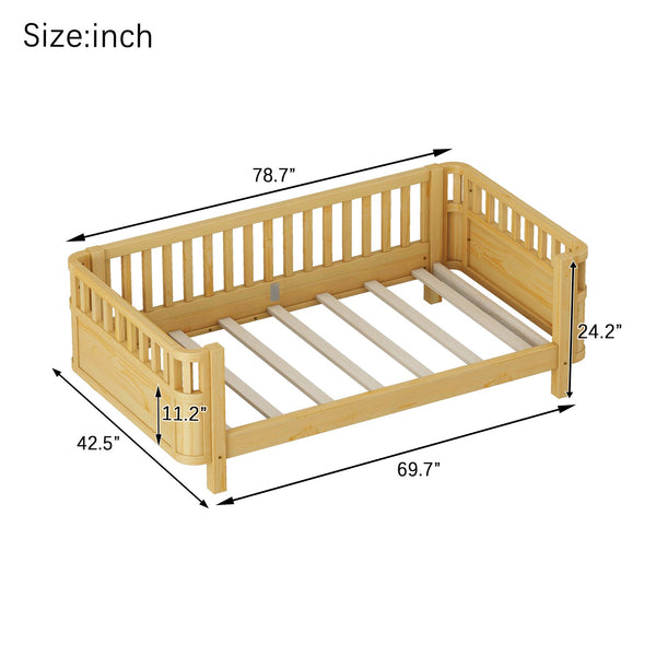 English Elm Twin Solid Pine Platform Bed with Guardrail for Kids, Low-Profile Twin Frame Durable 250LB Capacity W2593P367051