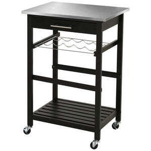 English Elm HOMCOM Kitchen Island Cart with Stainless Steel Top, Wine Rack, Drawer & Rolling Wheels for Easy Storage and Serving Black W2225P229351