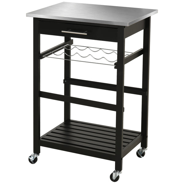 English Elm HOMCOM Kitchen Island Cart with Stainless Steel Top, Wine Rack, Drawer & Rolling Wheels for Easy Storage and Serving Black W2225P229351