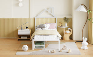 English Elm Twin Metal Platform Bed with House-Style Headboard, Sturdy Slatted Frame & Smooth Underbed Drawers for Kids and Teens (300 lb Capacity) White MF320570AAK