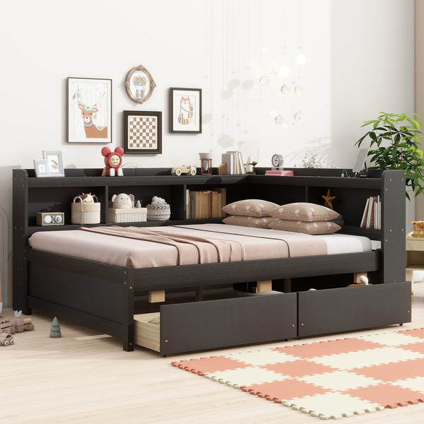English Elm Full Size L-Shaped Bed With Bookcases, Usb Ports & Storage Drawers - Smart Space-Saving Solution! W504S00220