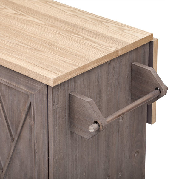 English Elm K&K Farmhouse Kitchen Island with Geometric Twill Doors, ASH Bark Top, Drop Leaf & Lockable Wheels Brown N707P221444Z