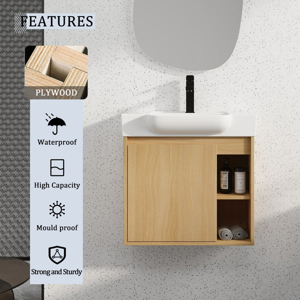 English Elm 24'' Floating Wall Mounted Bathroom Vanity with Ceramic Sink and Soft Close Cabinet Light Oak W999P426633