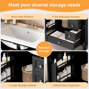 English Elm 30 30 Inch Bathroom Vanity with Ceramic Sink, Modern Compact 3-Drawer Storage Cabinet for Small Baths Black N710P247499B