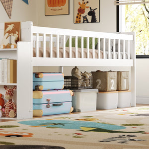English Elm Twin Platform Kids Bed with Slide Ladder Guardrails Storage Shelf Wood Frame White N733S415411K