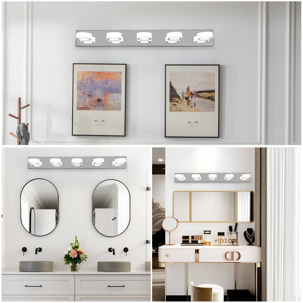 English Elm 37" Modern 5-Light Led Vanity Sconce - Chrome Finish, Dimmable Acrylic Shades For Bright Bathroom Glow W2312P374891