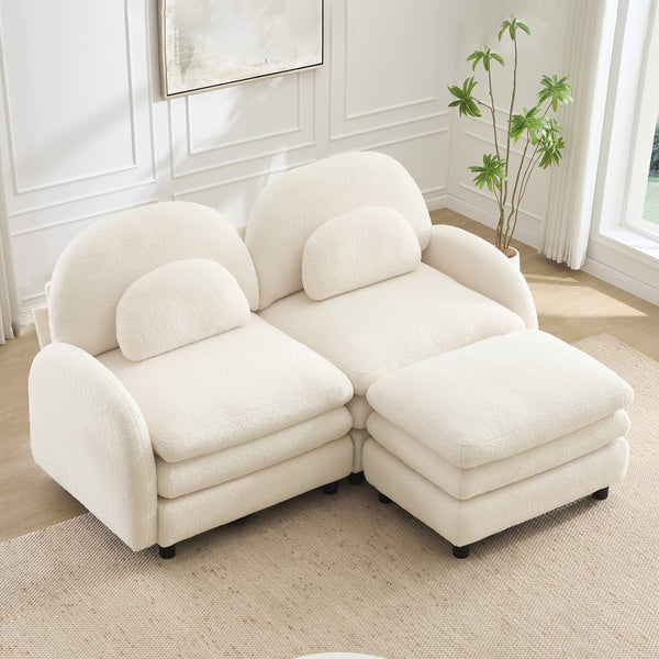 English Elm Teddy Fleece Modular Loveseat with Ottoman Curved Sculptural Sofa for Living Room Beige White W5656S00075