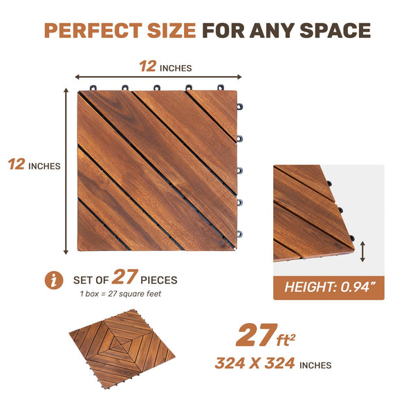 English Elm 27 Piece Acacia Hardwood Interlocking Patio Tiles Snap Together Outdoor Decking W2391P429280