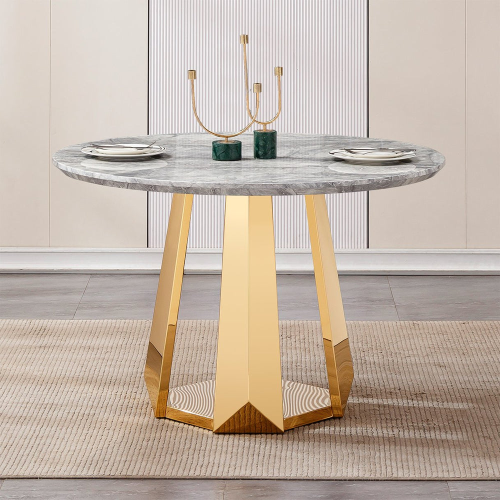 English Elm 47" Round Marble Dining Table - Chic Faux Marble Top & Gold Stainless Steel Base - Versatile & Durable Design For Any Space W3456S00009