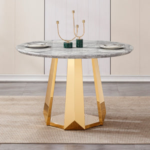 English Elm 47" Round Marble Dining Table - Chic Faux Marble Top & Gold Stainless Steel Base - Versatile & Durable Design For Any Space W3456S00009