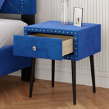 English Elm Modern Nightstands Set Of 2 With Drawer and Crystal Handle, Elegant Rivet Velvet Design Bedside Table For Bedroom, Blue