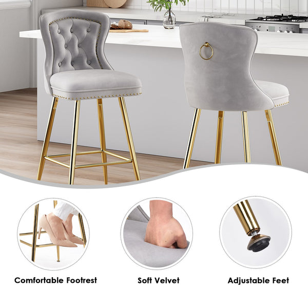 English Elm Bar Stools Set Of 2 - Luxurious Gray Velvet Wingback Chairs With Nailhead Trim For Modern Spaces T3623P363073