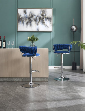 English Elm Set of 2 Velvet Bar Stools with Chrome Base Swivel Height Adjustment Plush Cushion Modern Comfort Blue W1249P247741