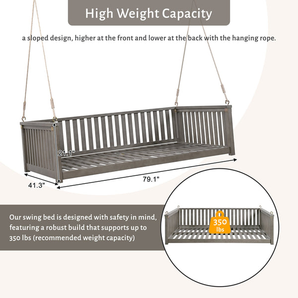 English Elm Topmax Acacia Wood Porch Swing Bed Sloped Frame Outdoor Lounger for Backyard Patio Gray WF319383AAE