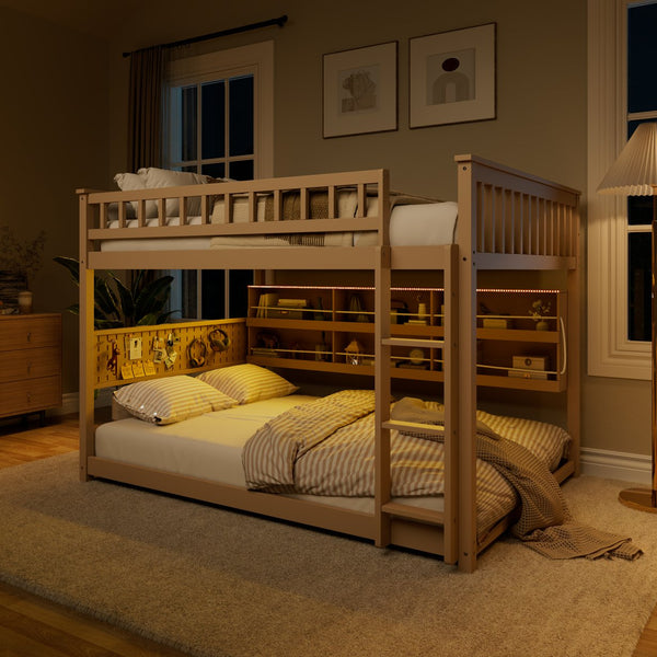 English Elm Full Over Bunk Bed with Led Lighting Pegboard Shelving and Pine Wood Frame Beige LT000278AAA