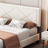 English Elm Simple Queen Size Upholstered Bed Frame With Rivet Design, Modern Velvet Platform Bed With Headboard, Beige