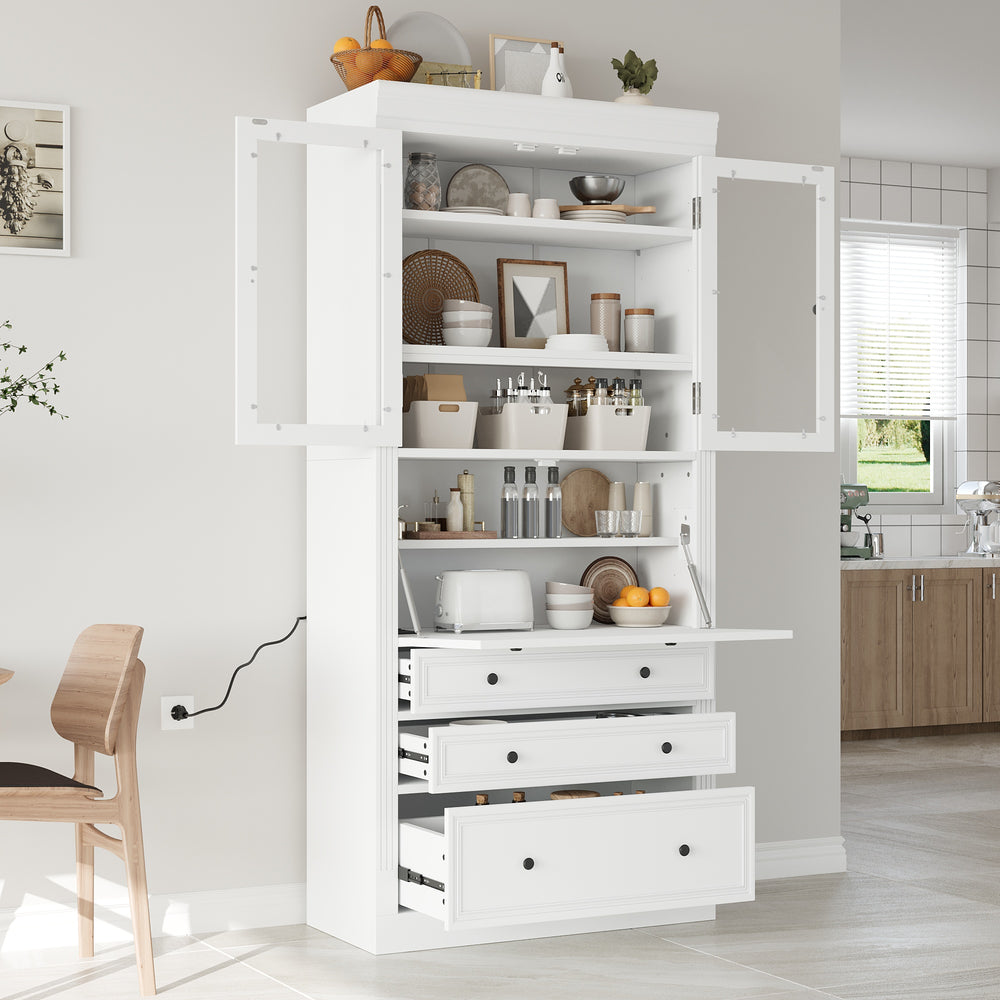 English Elm Topmax Shaker Pantry Cabinet with Drawers Power Outlet and Glass Doors SP000094AAK