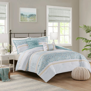 JLA Home Madison Park - 5 Seersucker Comforter Set Shabby Chic Floral Lace Trim Ruffled Pillows Antimicrobial, Breathable Aqua MP10-8288