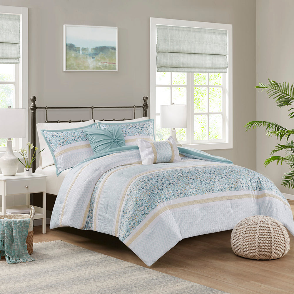 JLA Home Madison Park - 5 Seersucker Comforter Set Shabby Chic Floral Lace Trimmed Ruffled Pillows Hypoallergenic Finish Aqua MP10-8287