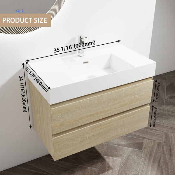English Elm 36" Wall-Mounted Bathroom Vanity With Resin Sink & Soft-Close Drawers For Modern Spaces W999S00198