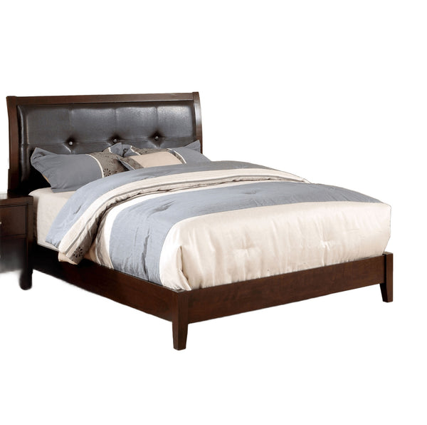 English Elm Eastern King Size Bed Brown Cherry Leatherette Tufted Headboard Solid Wood Contemporary Design 85"L x 79.5"W B011S01830