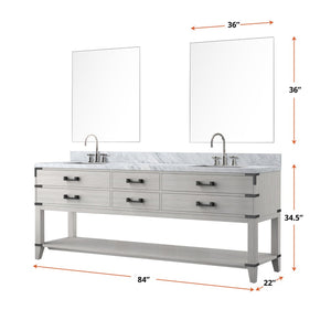 English Elm White Oak Double Bath Vanity With Carrara Marble Top, Chrome Faucets & 36-Inch Mirrors For Elegance B2731S01917-GIGA
