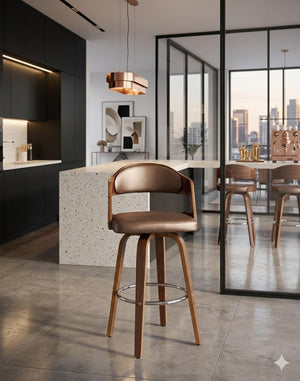 English Elm 1pc Mid-century Modern Swivel Counterstool Faux Leather Cushion Curved Wood Back Kitchen B011P479637