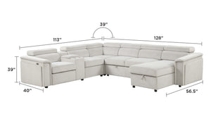 English Elm Harvey Modern power recliner sectional with sleeper, storage chaise, adjustable headrests & cupholders Beige B009S02145