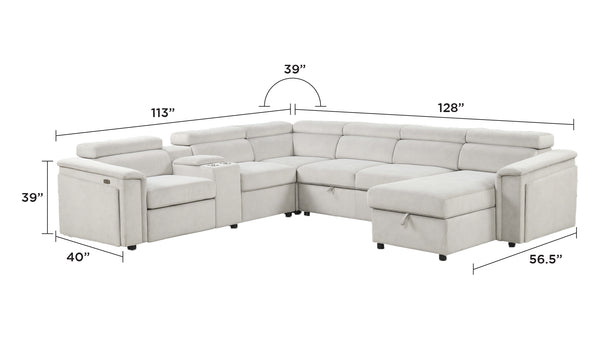 English Elm Harvey Modern power recliner sectional with sleeper, storage chaise, adjustable headrests & cupholders Beige B009S02145