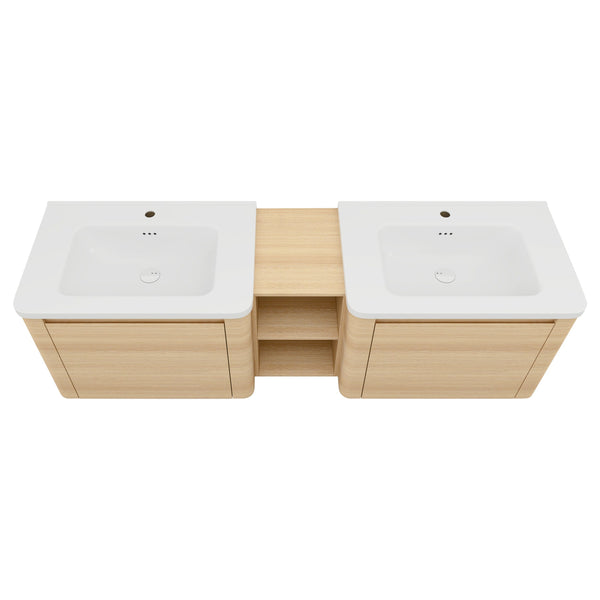 English Elm 68'' Wall-Mounted Vanity with White Ceramic Sink, Plywood Shelves, Soft-Close Door, Rounded Edge Design and Water-Resistant Melamine Finish W999S00484