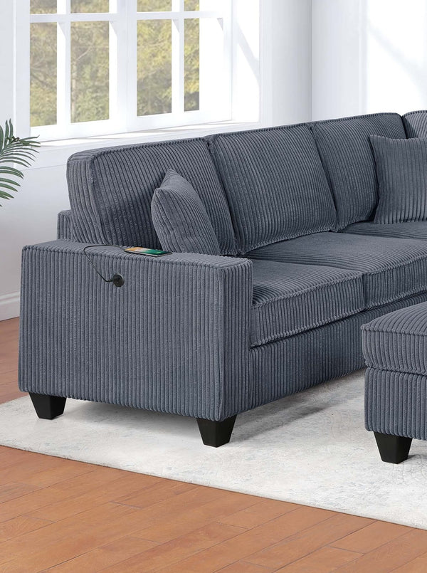 English Elm Dark Corduroy U-shaped Sectional Set with Usb Charging Ottoman and Plush Cushions Dark Gray B011S02191