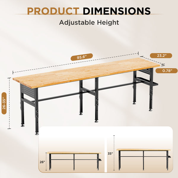 English Elm 96" Heavy Duty Garage Workbench Solid Wood Top Pegboard 2000 Lb Steel Frame W3190P401361