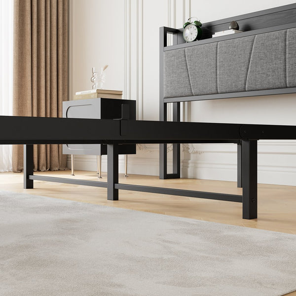 English Elm Queen Upholstered Storage Bed Frame with Charging Station, 11 Metal Slats, No Box Spring Needed W840P195212