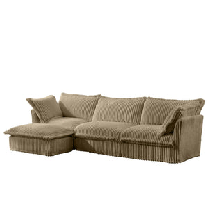 English Elm L-Shaped Slipcovered Sectional Sofa Couch - Luxurious Deep Seat, Convertible Ottoman & Pillows, Camel Corduroy W3041S00067