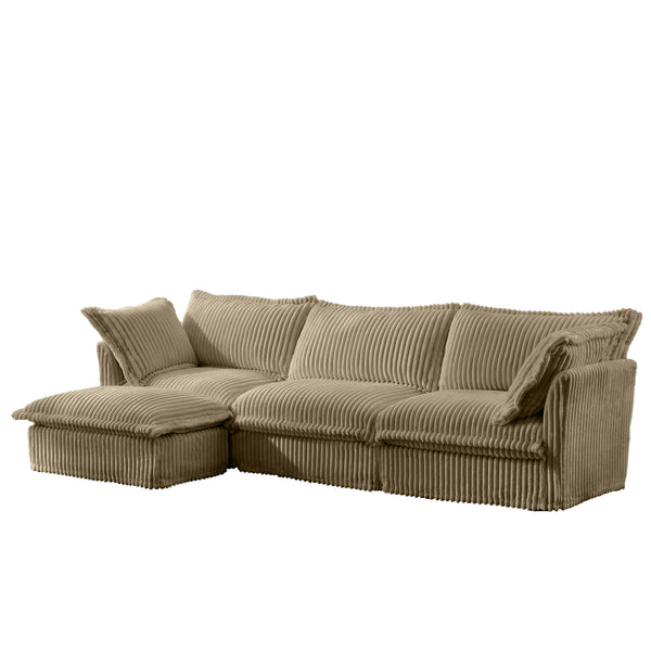 English Elm L-Shaped Slipcovered Sectional Sofa Couch - Luxurious Deep Seat, Convertible Ottoman & Pillows, Camel Corduroy W3041S00067