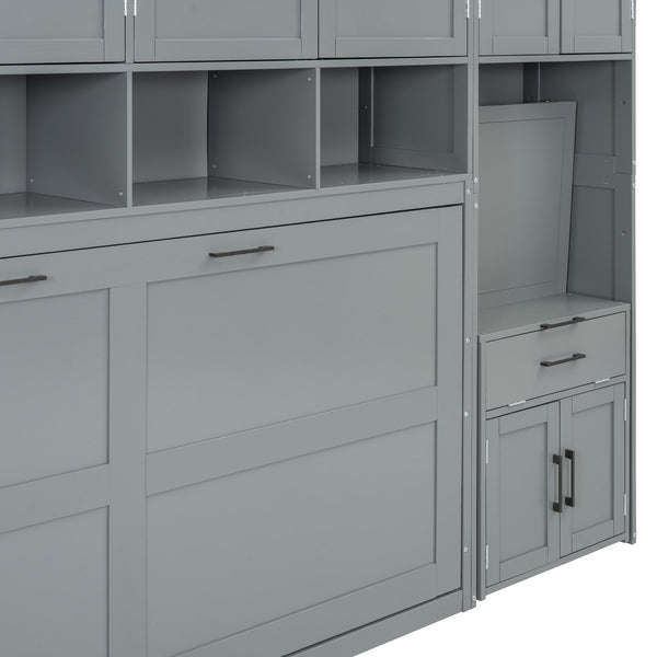 English Elm Twin Murphy Wall Bed with Integrated Closet Drawers and Desk for Studio Spaces Gray LP000595AAE-1