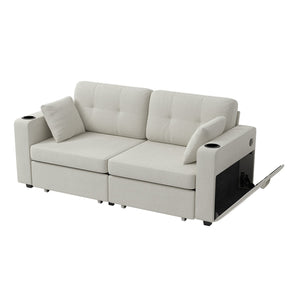English Elm Sofas for Living Room Chenille Three Seat Couch with Usb Charging Storage and Cup Holder Beige W395S00142