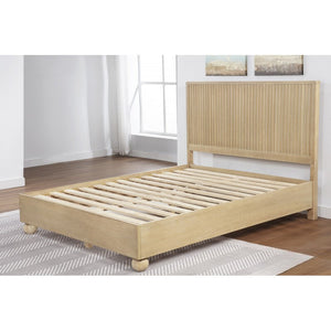 English Elm Eastern King Fluted Panel Platform Bed with Round Wood Feet, Light Oak Finish, Modern Sculptural Elegance B011S01965