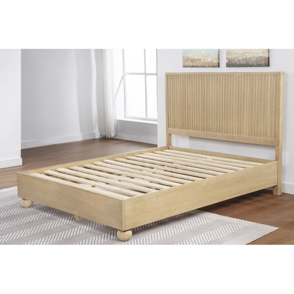 English Elm Eastern King Fluted Panel Platform Bed with Round Wood Feet, Light Oak Finish, Modern Sculptural Elegance B011S01965