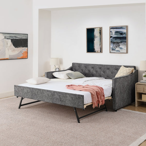 English Elm Twin Linen Tufted Daybed with Pop up Trundle and Usb Port for Guest Rooms Grey W1413S00128
