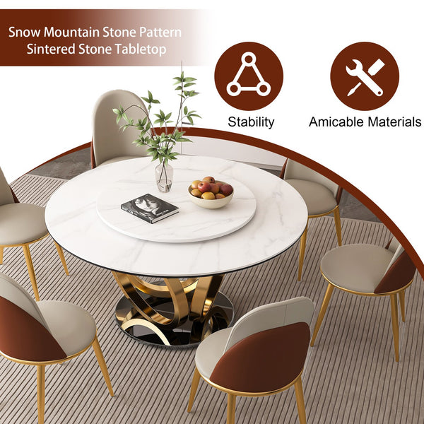 English Elm 53" Round Dining Table With 360° Lazy Susan - Stain & Heat Resistant Sintered Stone For Modern Spaces W2699S00032