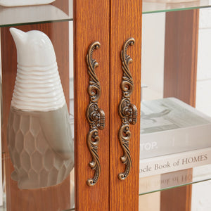 English Elm Lighted Glass Curio Cabinet - Elegant Dark Oak Display With Adjustable Shelves, Built-In Drawer & Bulb W1758P300114